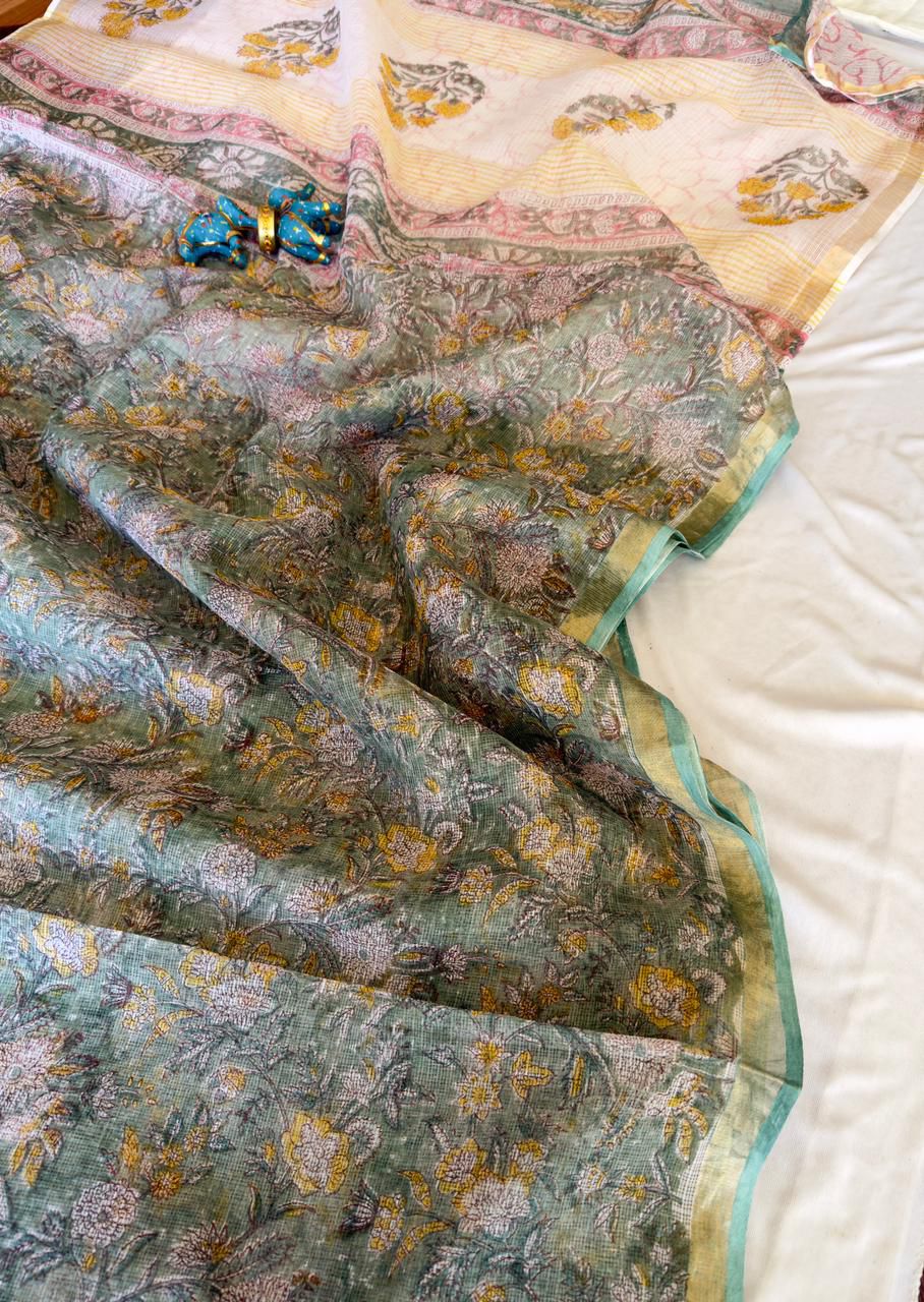 Vintage Flora - Kota Cotton Saree with Hand Block Print