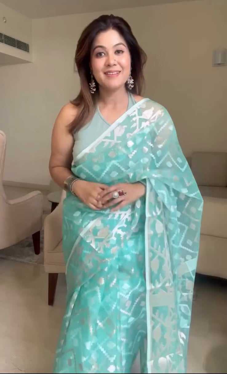 Ivy League - Aqua Blue Tissue Jamdani Saree