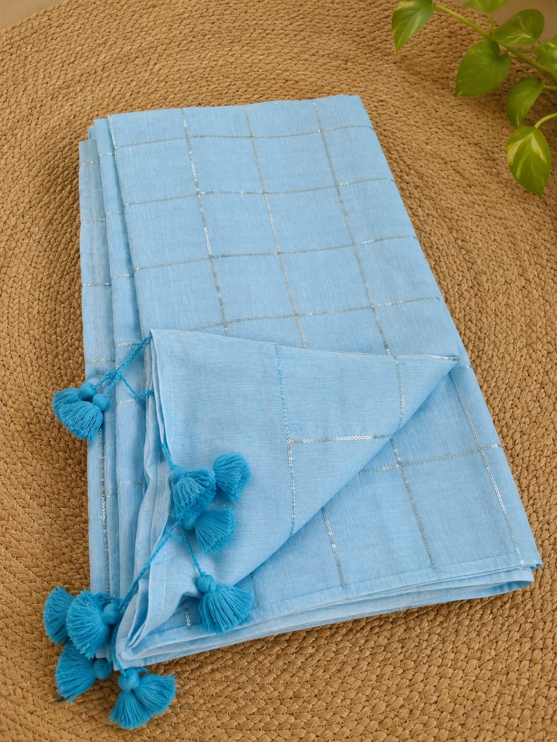 Sky Whisper- Soft Light Blue Mul Cotton Check Sequin Handloom Saree