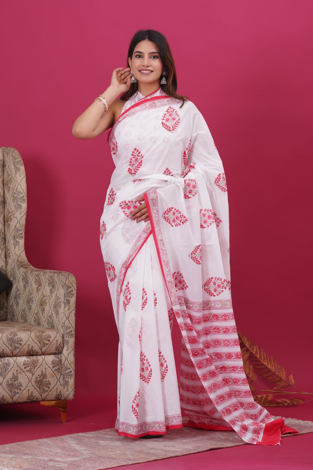 Bong Look- Red & White Block Print Mul Cotton Saree