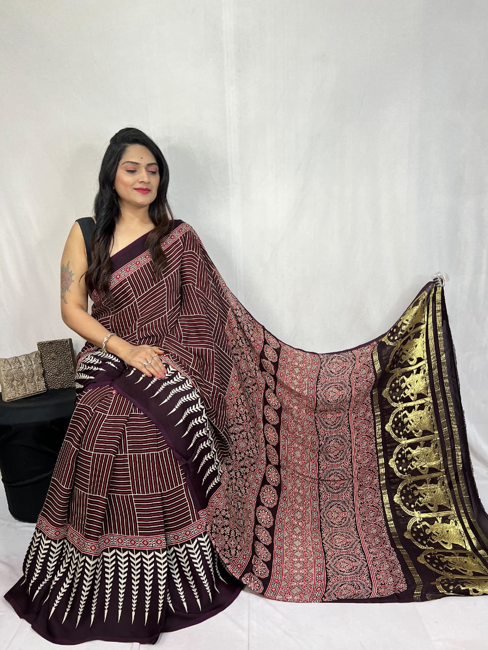 Brown Gold- Ras Garba Modal Silk Ajrakh Saree