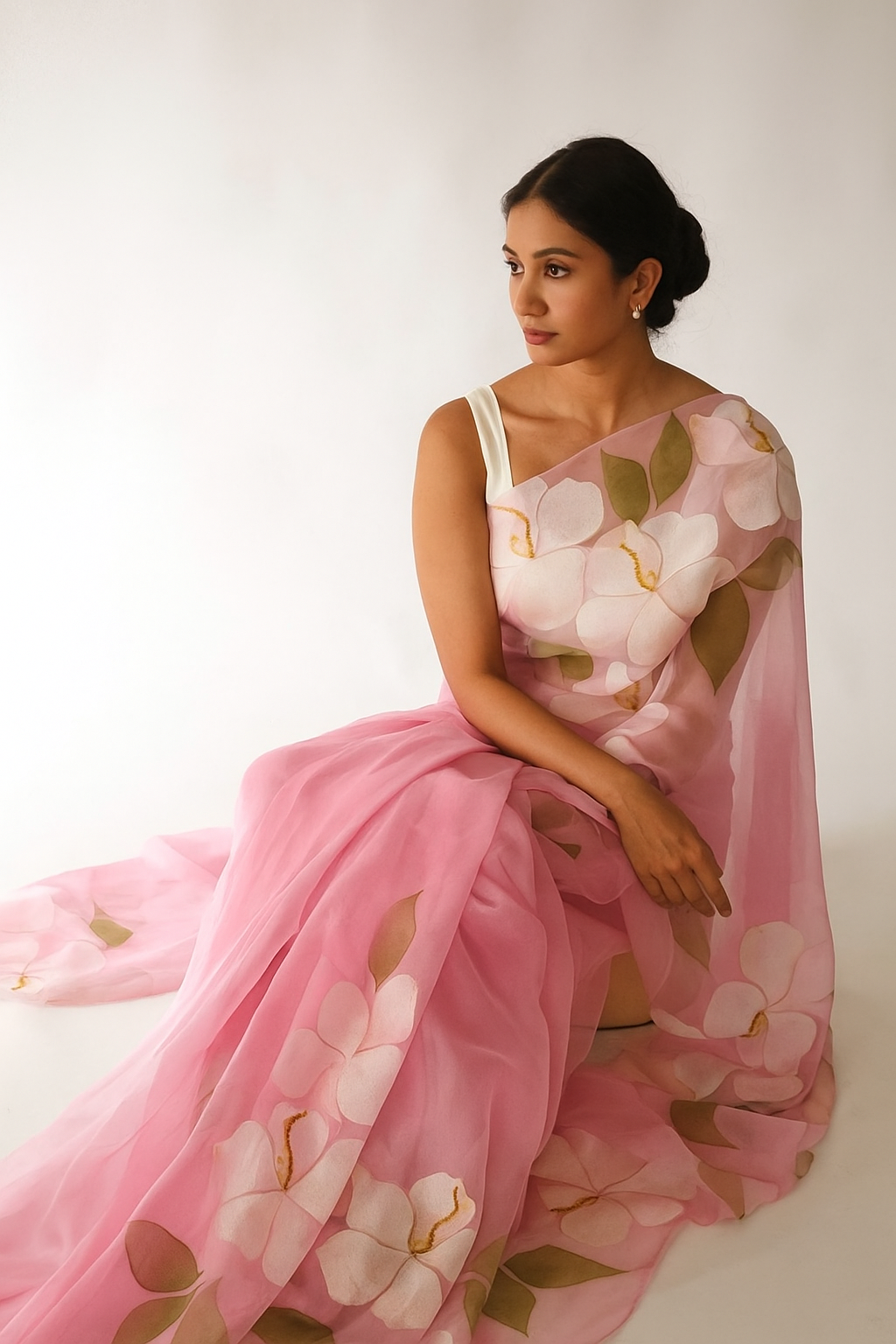Cherry Blossom: Baby Pink Hand-Painted Chiffon Saree