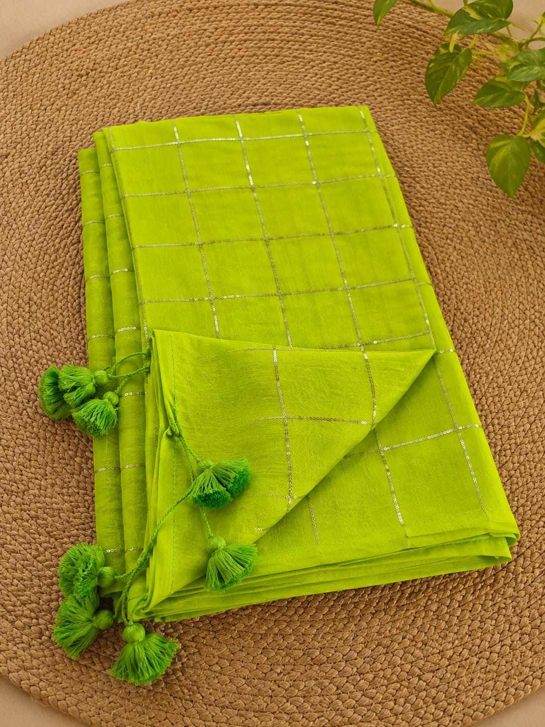 Fresh Bloom- Soft Green Mul Cotton Check Sequin Handloom Saree