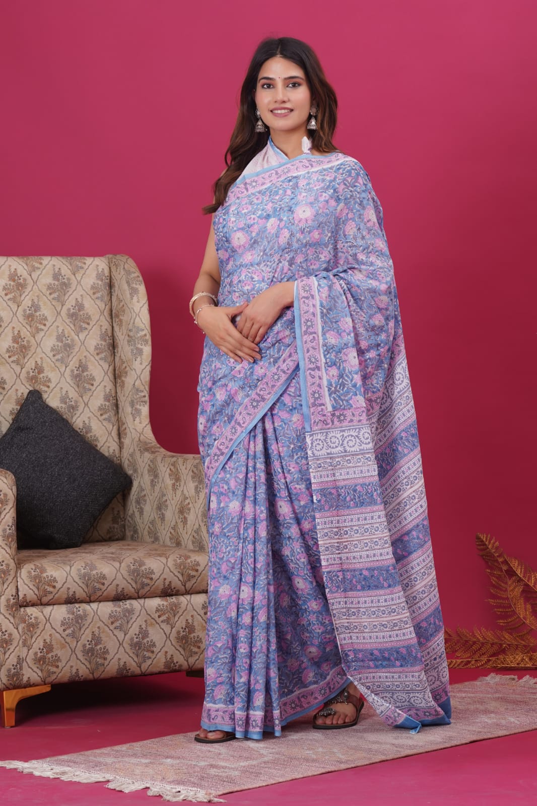 Periwinkle Blue- Blue Block Print Mul Cotton Saree