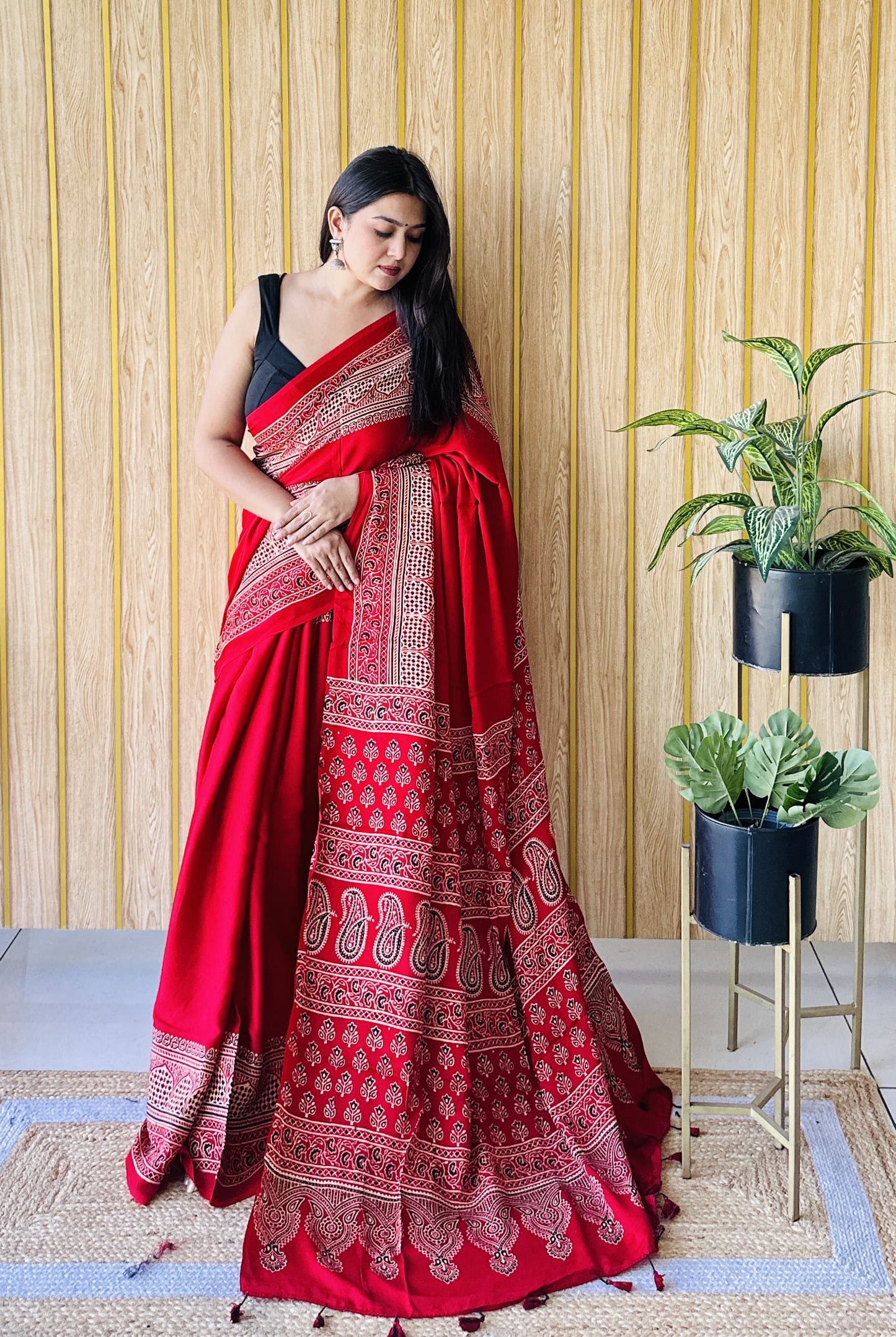 Red Flower- Paisley Modal Silk Ajrakh Saree