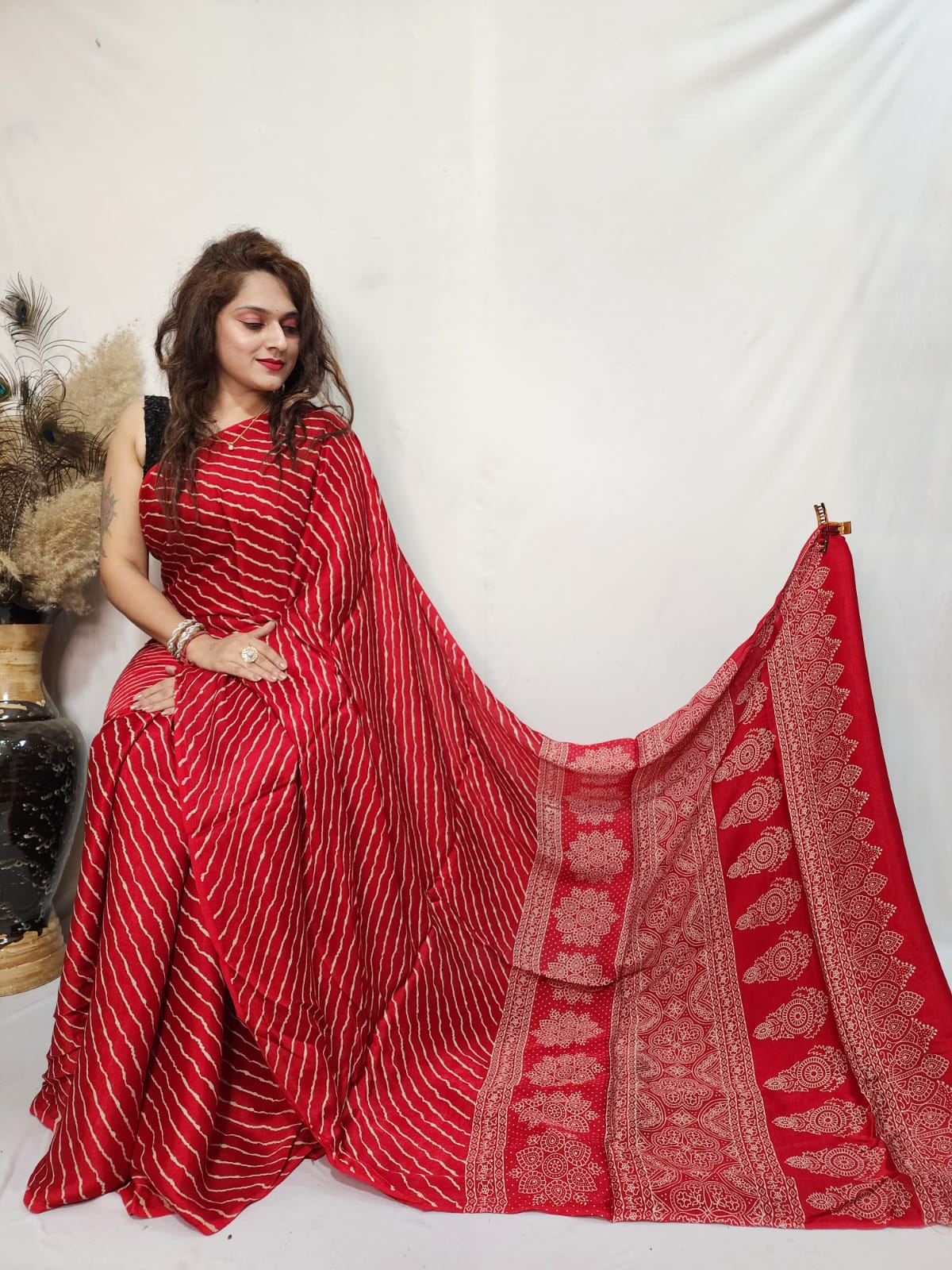 Red Wave - Lehariya Semi Modal Silk Ajrakh Saree