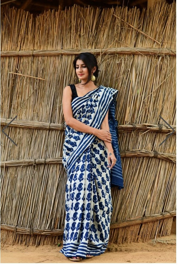 Turquoise - Soft Cotton Indigo Saree