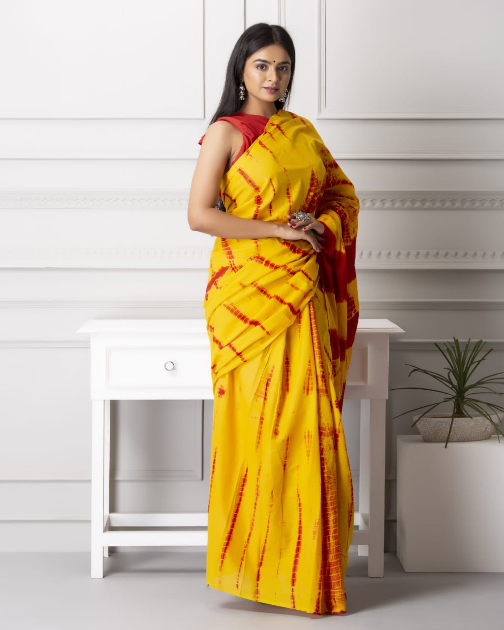 Mango Scoop- Yellow with Red stripes Shibori Mul Cotton Saree