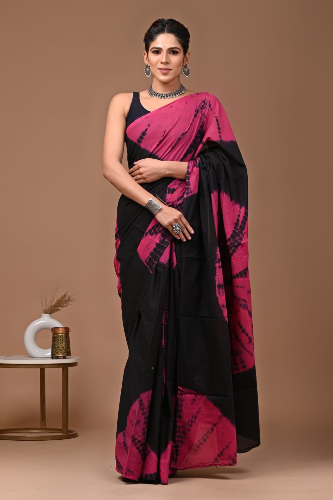 BlacKPink- Black with Pink Shibori Mul Cotton Saree