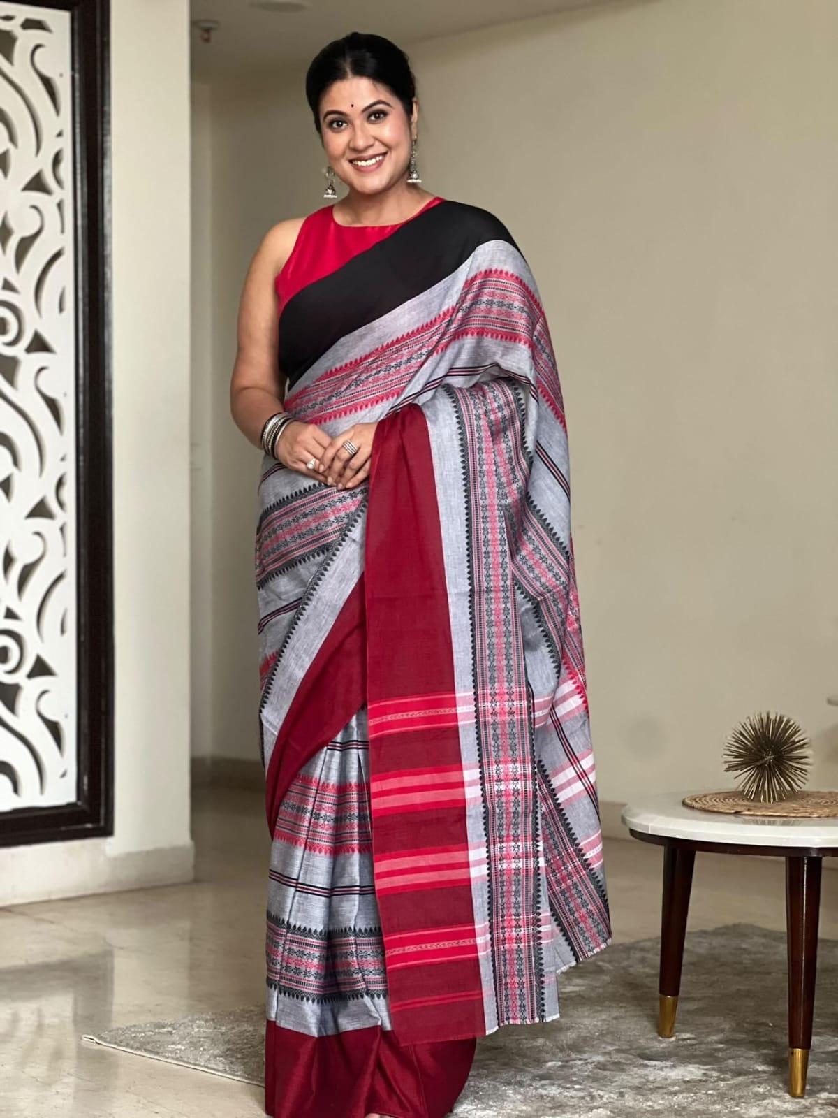 Marrakesh - Black, Crimson Red & Ash Grey Begumpuri Saree