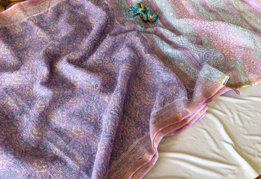 Lilac Sky - Kota Cotton Saree with Hand Block Print