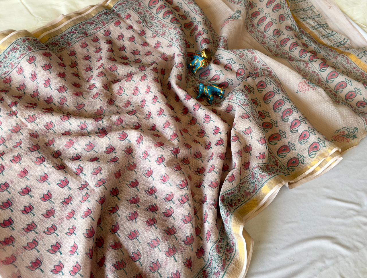 Blush Lotus - Kota Cotton Saree with Hand Block Print