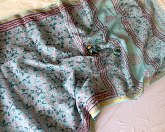 Minty Blue - Kota Cotton Saree with Hand Block Print