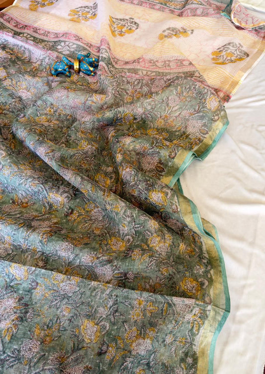Vintage Flora - Kota Cotton Saree with Hand Block Print