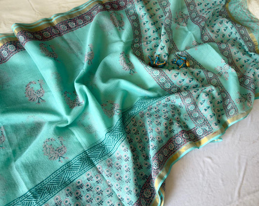 Blue Bird - Kota Cotton Saree with Hand Block Print