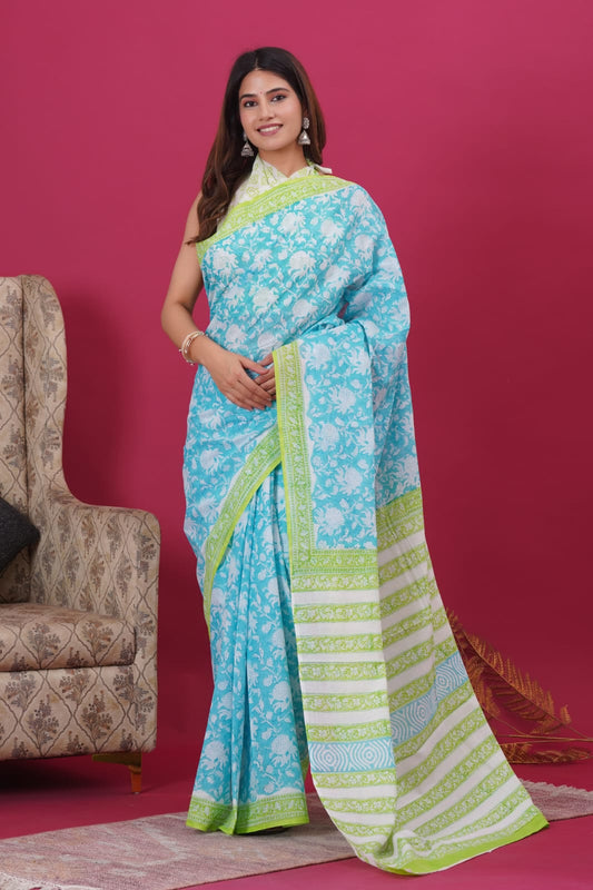 Aqua Shine - Blue and Green Block Print Mul Cotton Saree