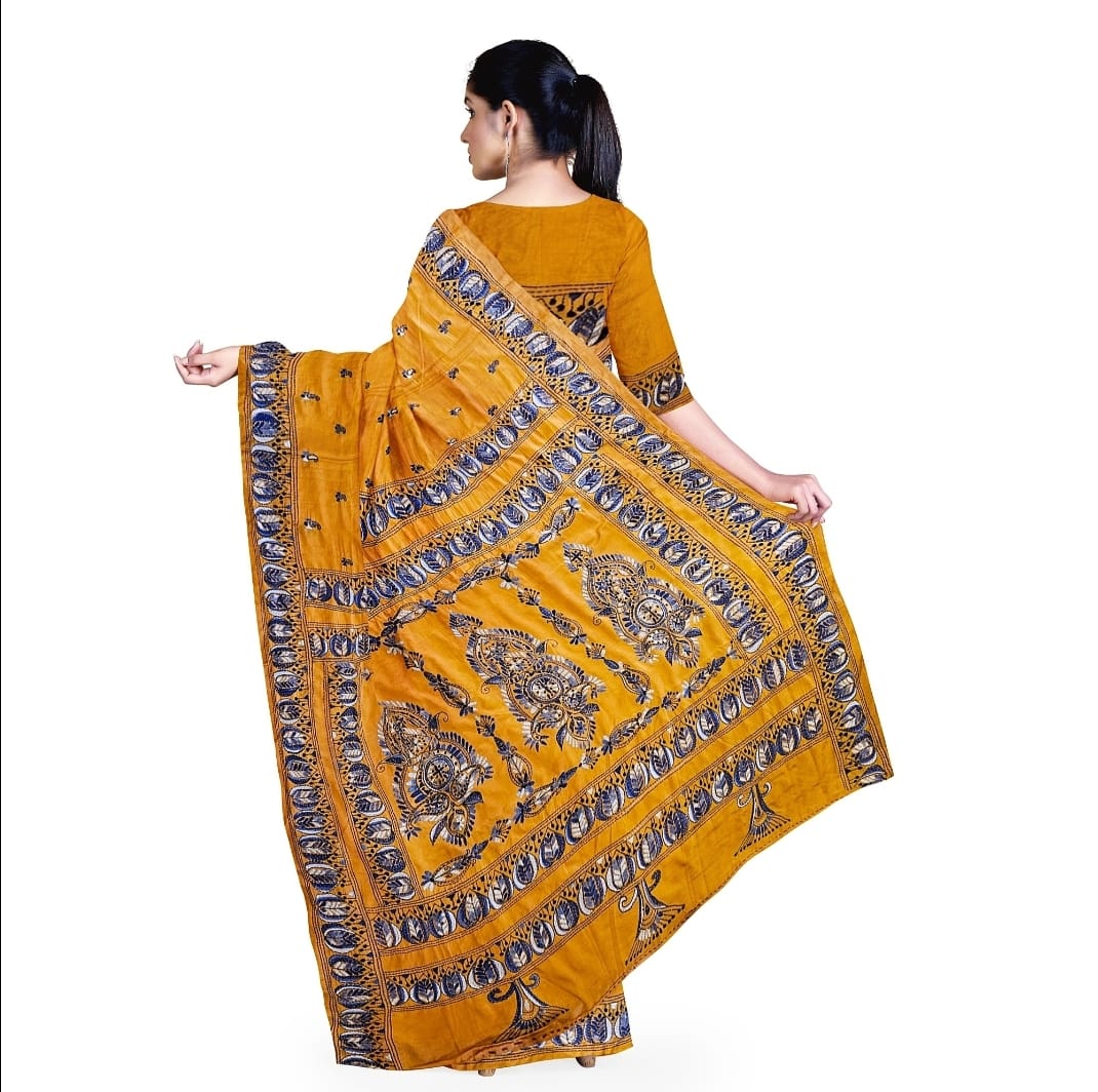 Yellow Kantha Stitch Saree