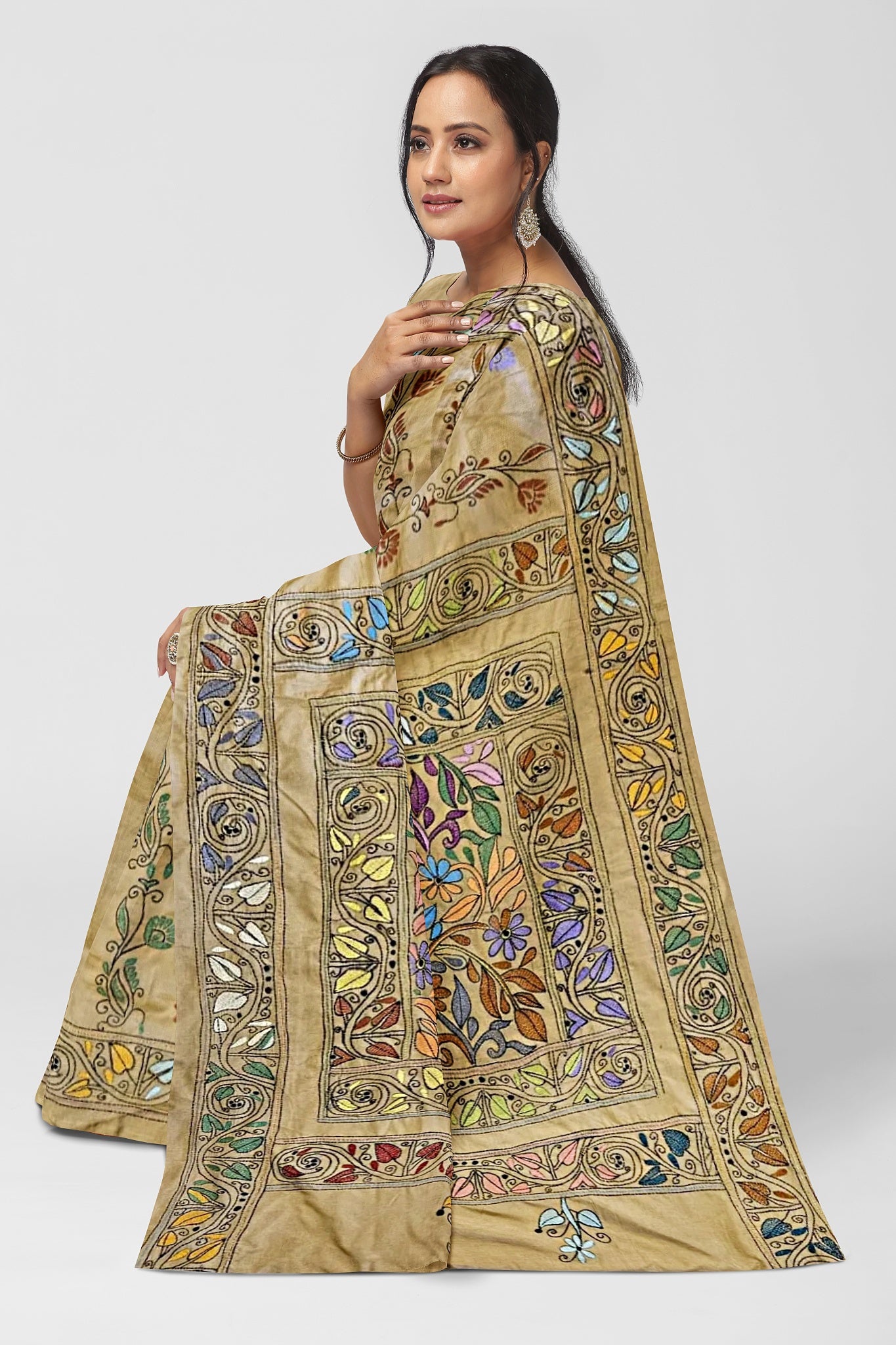 Beige Kantha Stitch Saree
