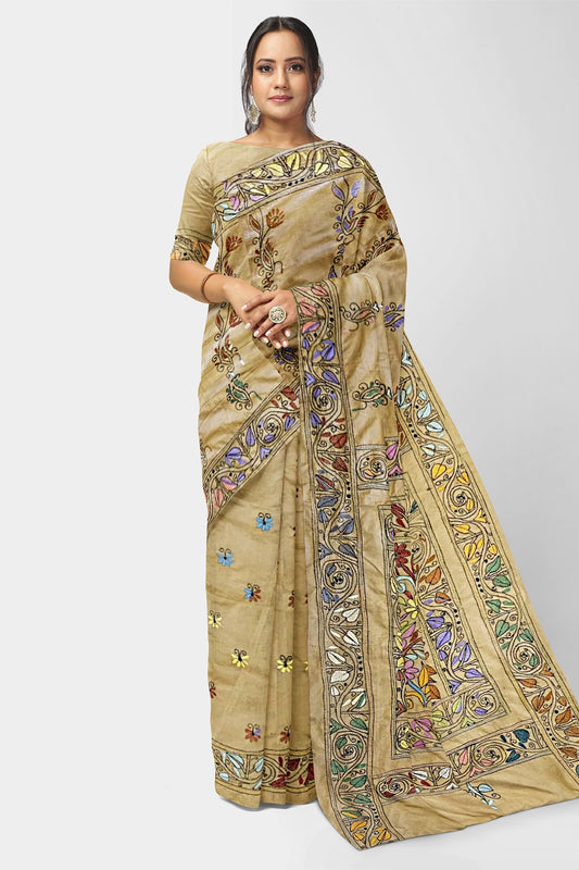 Beige Kantha Stitch Saree