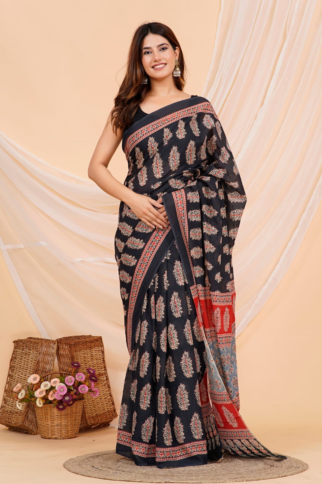 Black Coffee - Black Block Print Mul Cotton Saree