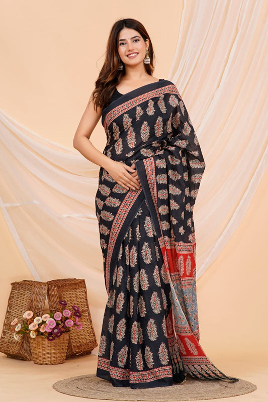 Black Coffee - Black Block Print Mul Cotton Saree