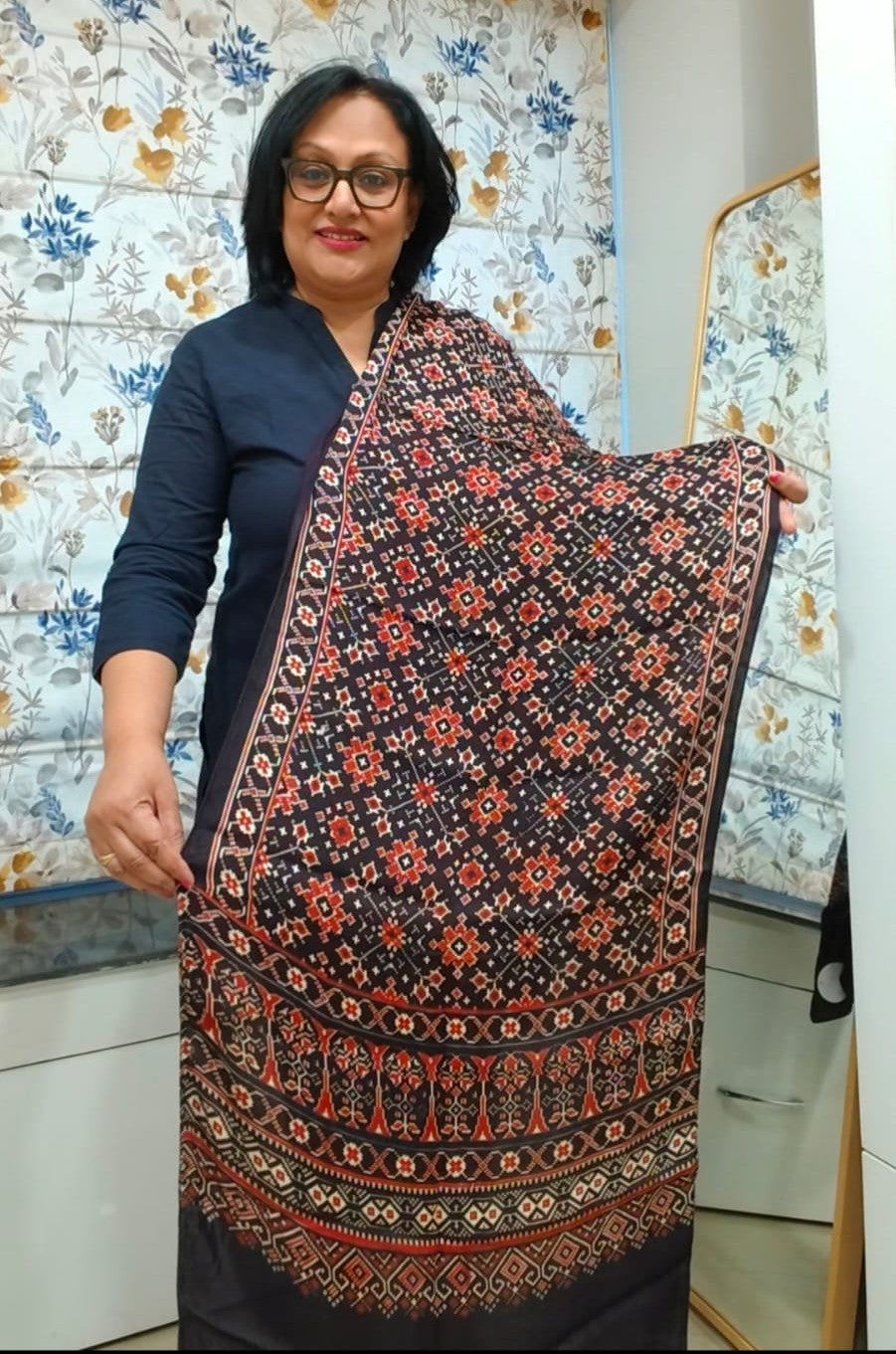 Black Patola Ajrakh Print Modal Silk Stole for Women