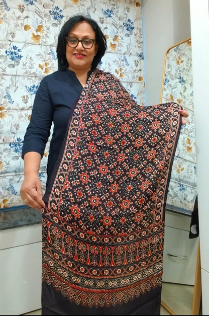 Black Patola Ajrakh Print Modal Silk Stole for Women