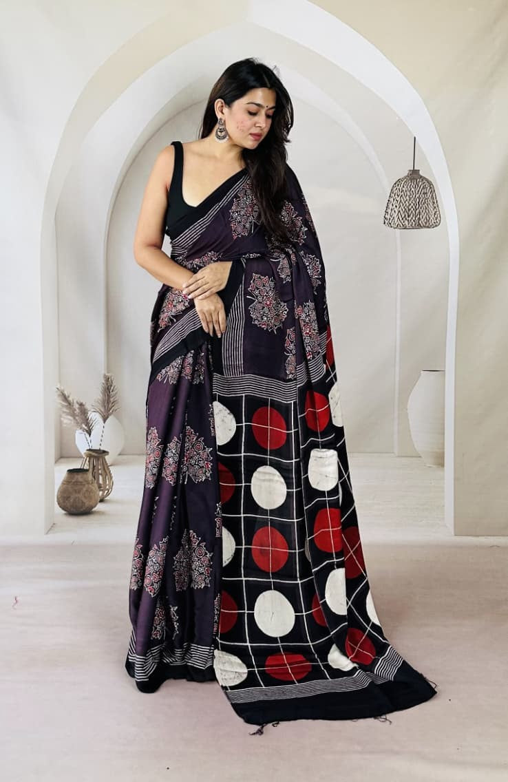 Ajrakh Saree – Stormy Cloud