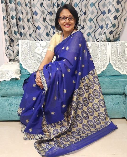 Royal Blue Cotton Assamese Saree