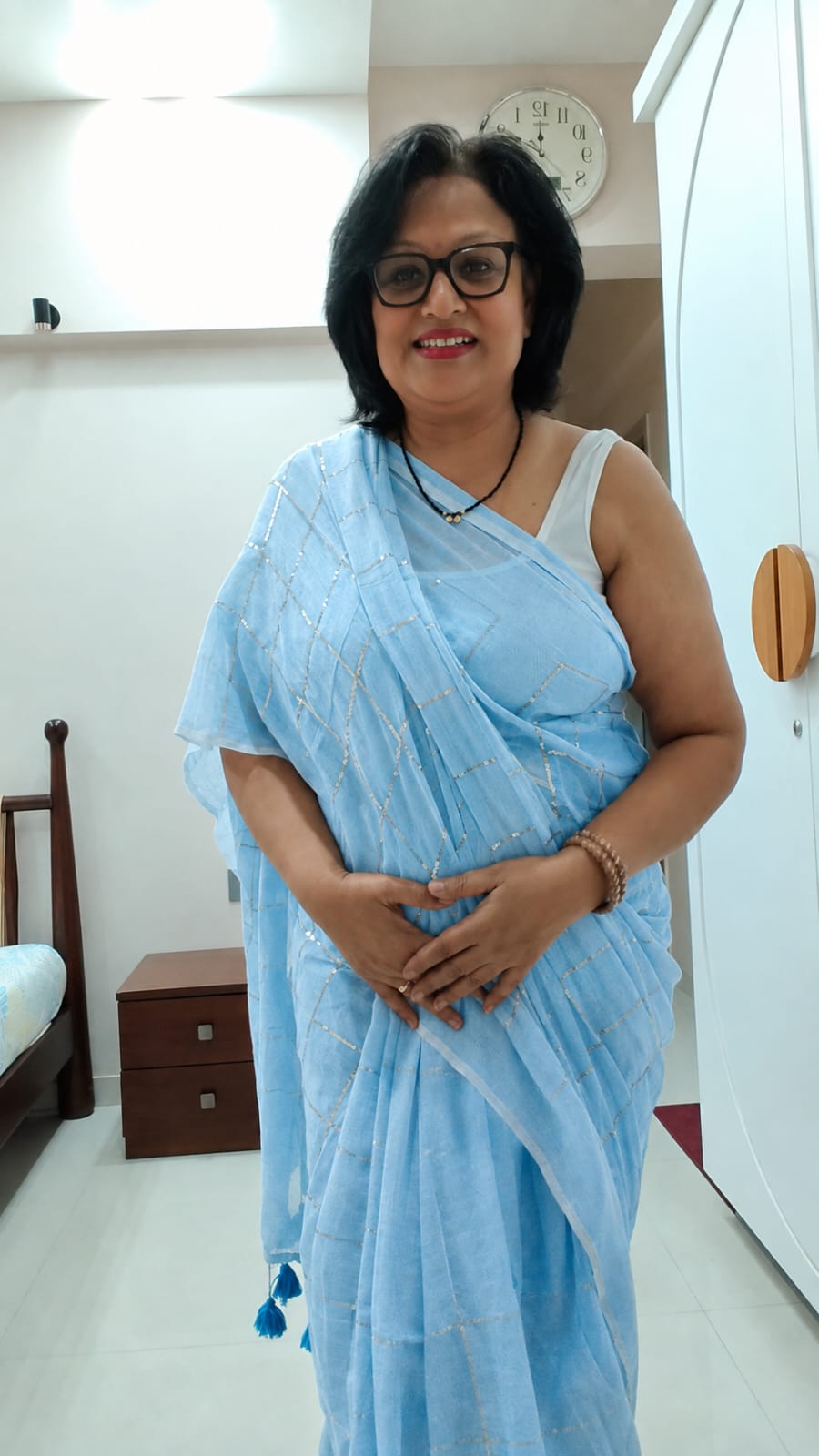 Sky Whisper- Soft Light Blue Mul Cotton Check Sequin Handloom Saree
