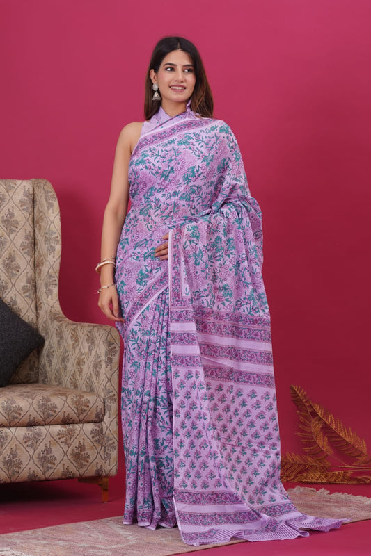 Blush- Pink Block Print Mul Cotton Saree