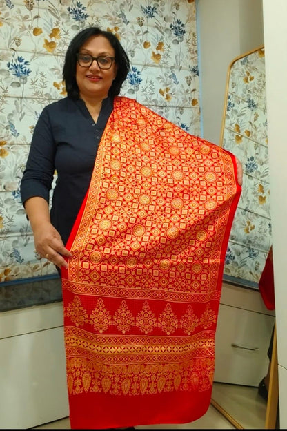 Bright Red Ajrakh Print Modal Silk Stole for Women