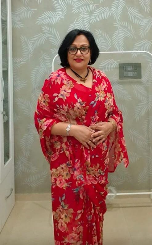 Carmine – Red Chiffon Saree with Flower print