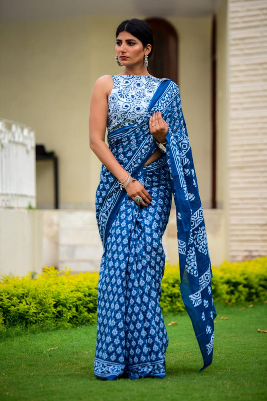 Cerulean-Soft Cotton Indigo  Saree