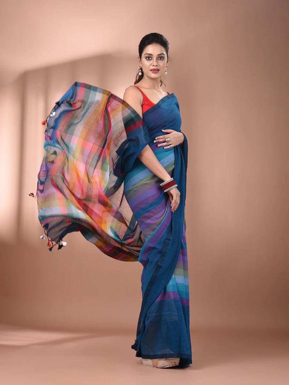 Rangeeli - Multi-Coloured Checkered Stripes MulCotton Saree