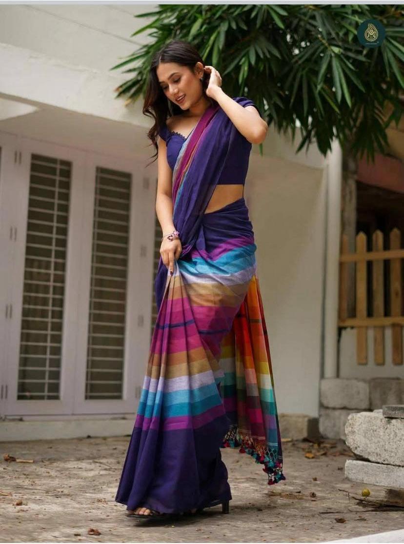 Rangeeli - Multi-Coloured Checkered Stripes MulCotton Saree