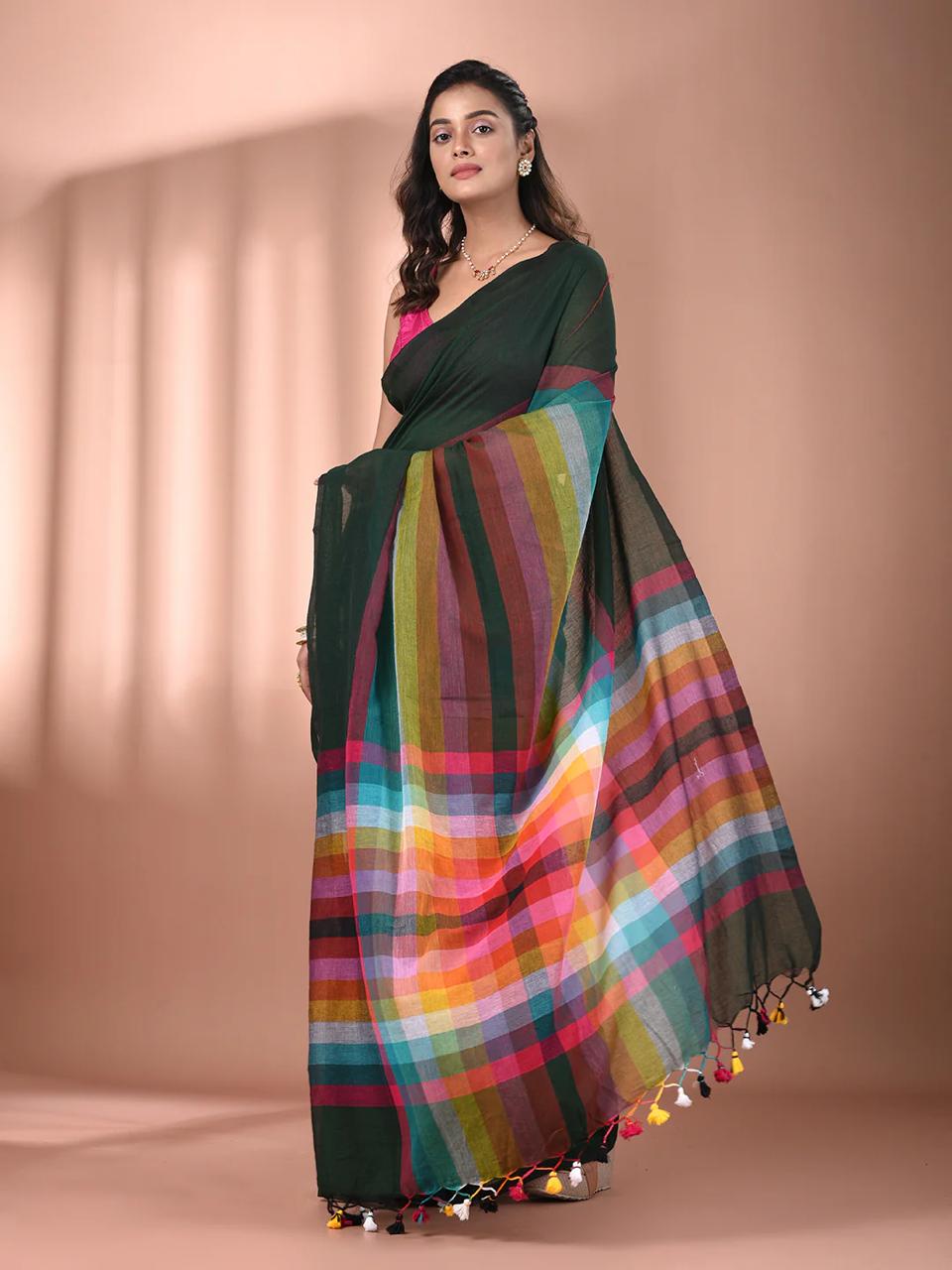 Rangeeli - Multi-Coloured Checkered Stripes MulCotton Saree