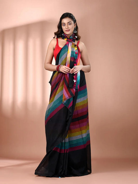 Rangeeli - Multi-Coloured Checkered Stripes MulCotton Saree