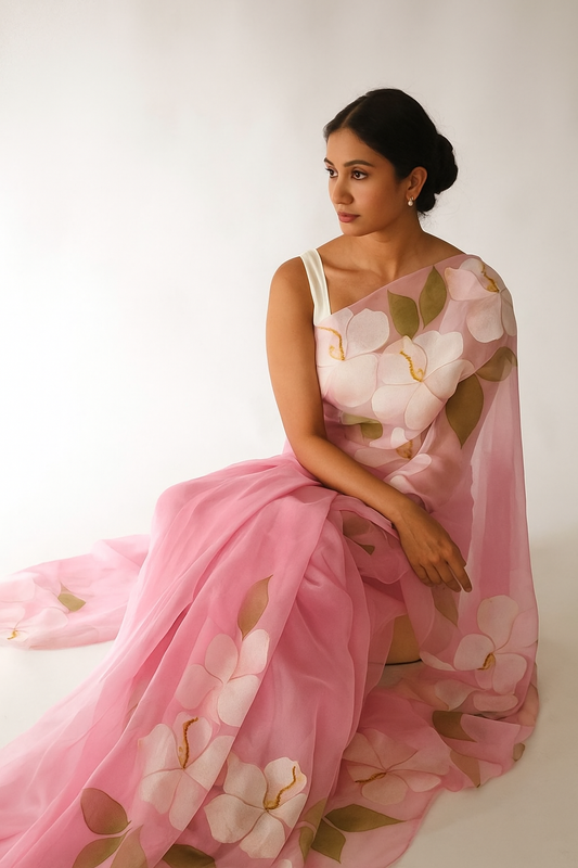 Cherry Blossom: Baby Pink Hand-Painted Chiffon Saree