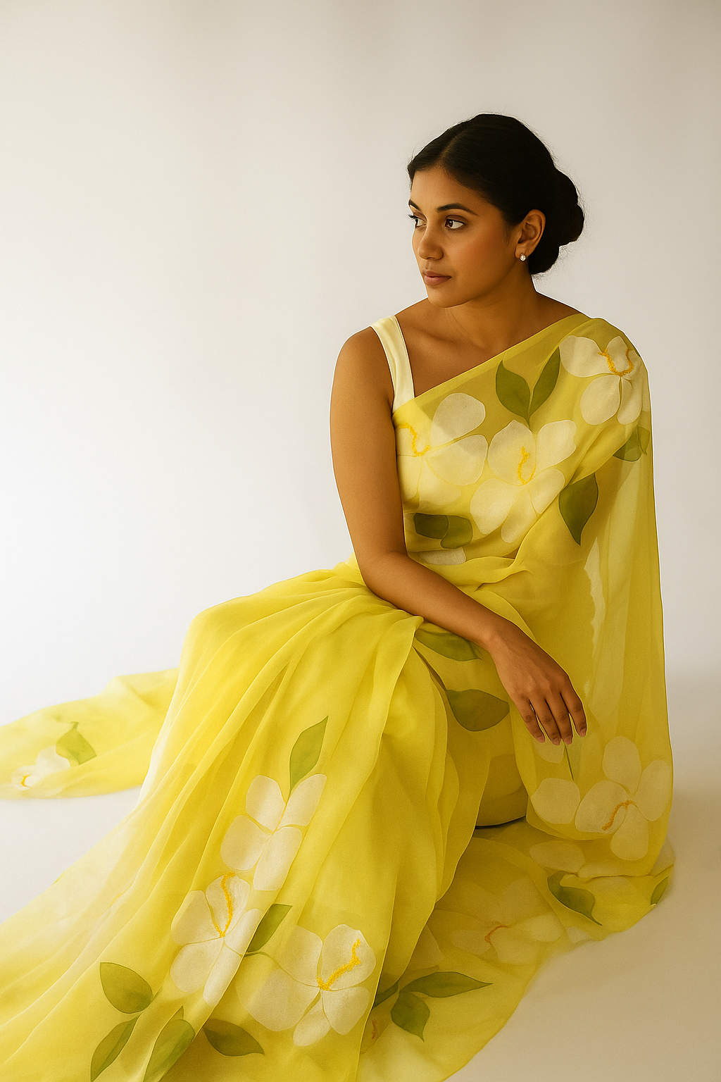 Lemon Scoop:   Lemon Yellow Hand-Painted Chiffon Saree