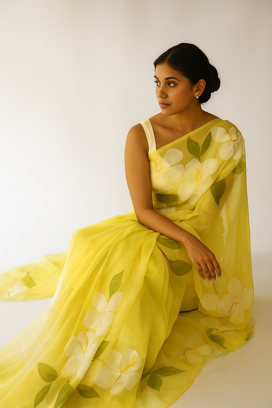 Lemon Scoop:   Lemon Yellow Hand-Painted Chiffon Saree