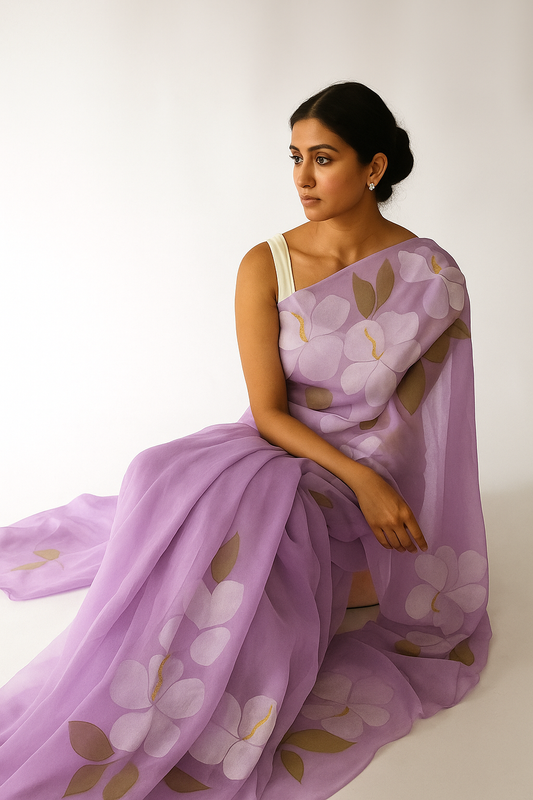 Lilac Cadillac: Lilac Hand-Painted Chiffon Saree