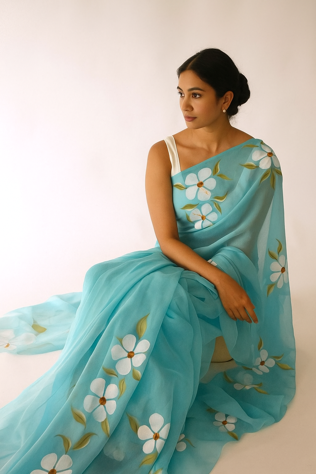 Skyfall :  Sky Blue Hand-Painted Chiffon Saree