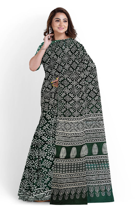 Soft Emerald - Semi Modal Silk Ajrakh Saree