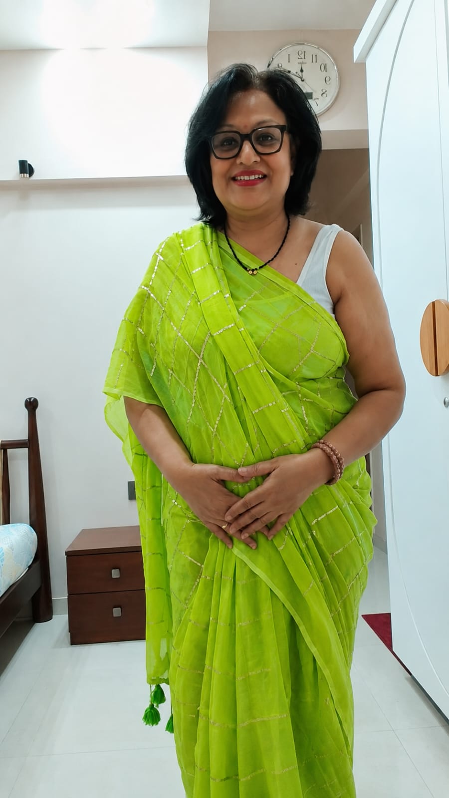 Fresh Bloom- Soft Green Mul Cotton Check Sequin Handloom Saree