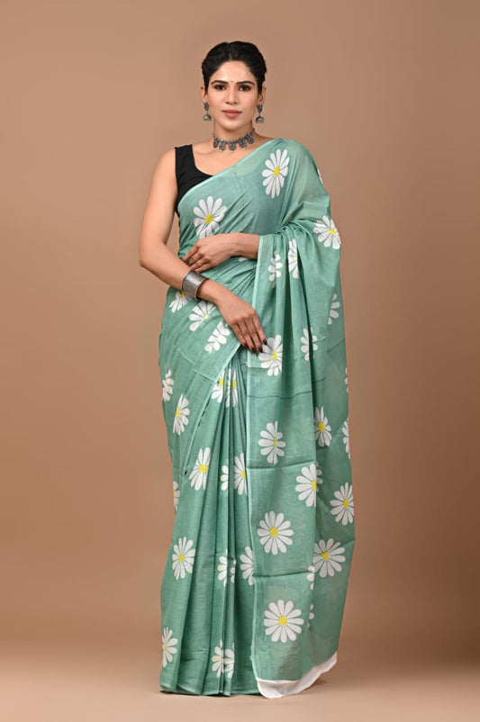 Green Secret  - Green Block Print Mul Cotton Saree with White Flower Design