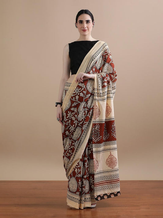 Hazelwood - Red  &  Cream Block Print Mul Cotton Saree with Artistic Pallu