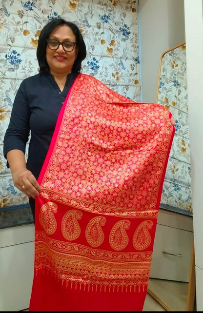 Hot Pink Ajrakh Print Modal Silk Stole for Women