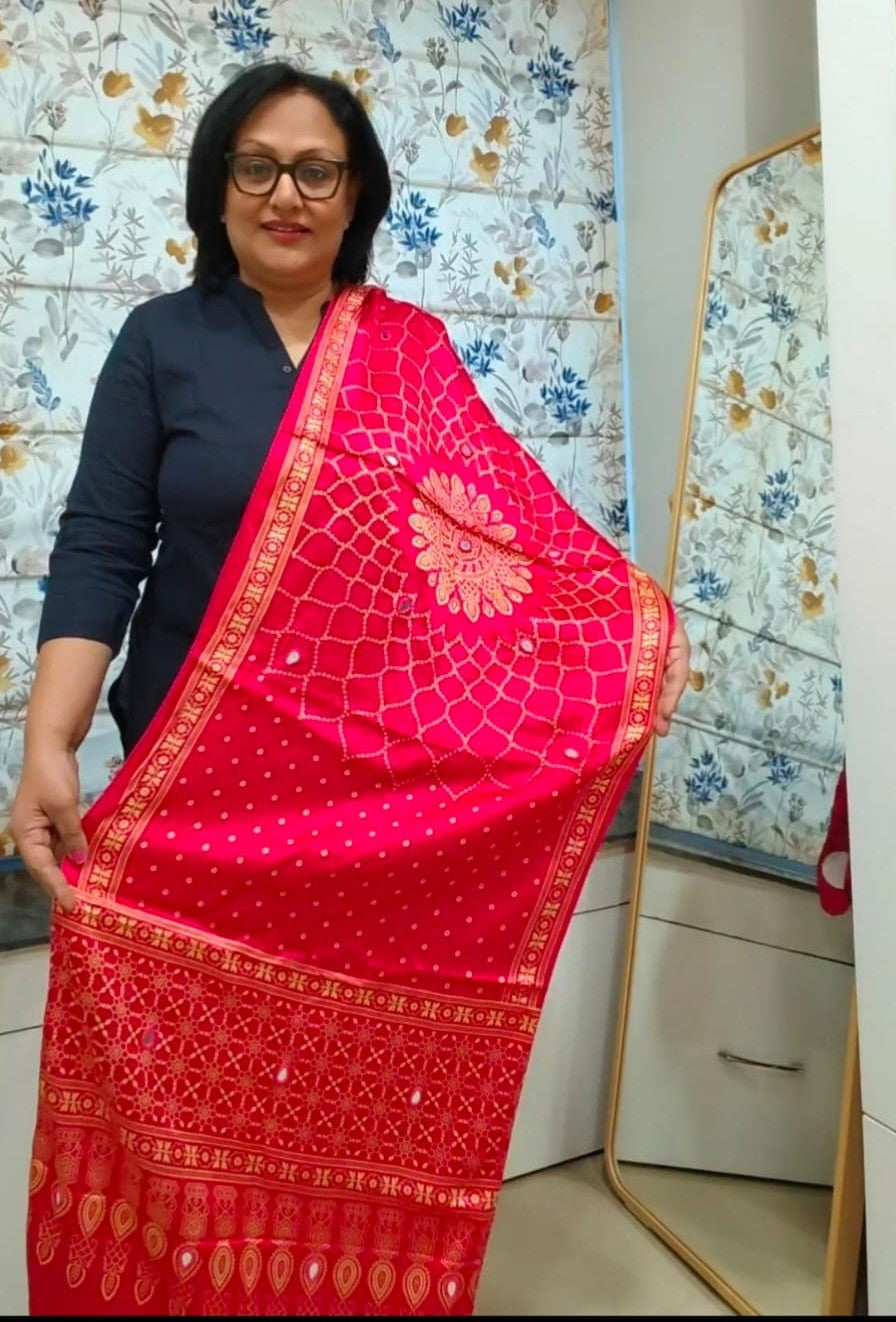 Hot Pink Mirror Work Modal Silk Stole for Women