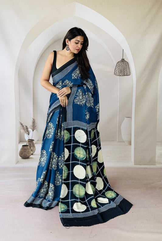 Ajrakh Saree - Desert Sapphire